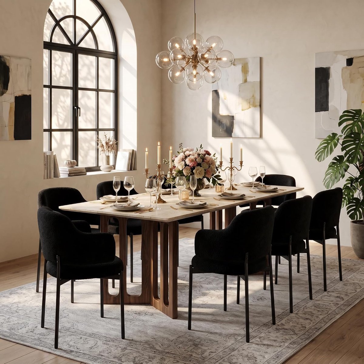 Puluomis - Eetkamerstoelen - Set van 8 - Teddy Fleece - Metalen poten - Gevoerde zitkussens - Gebogen rugleuning armleuning - Zwart