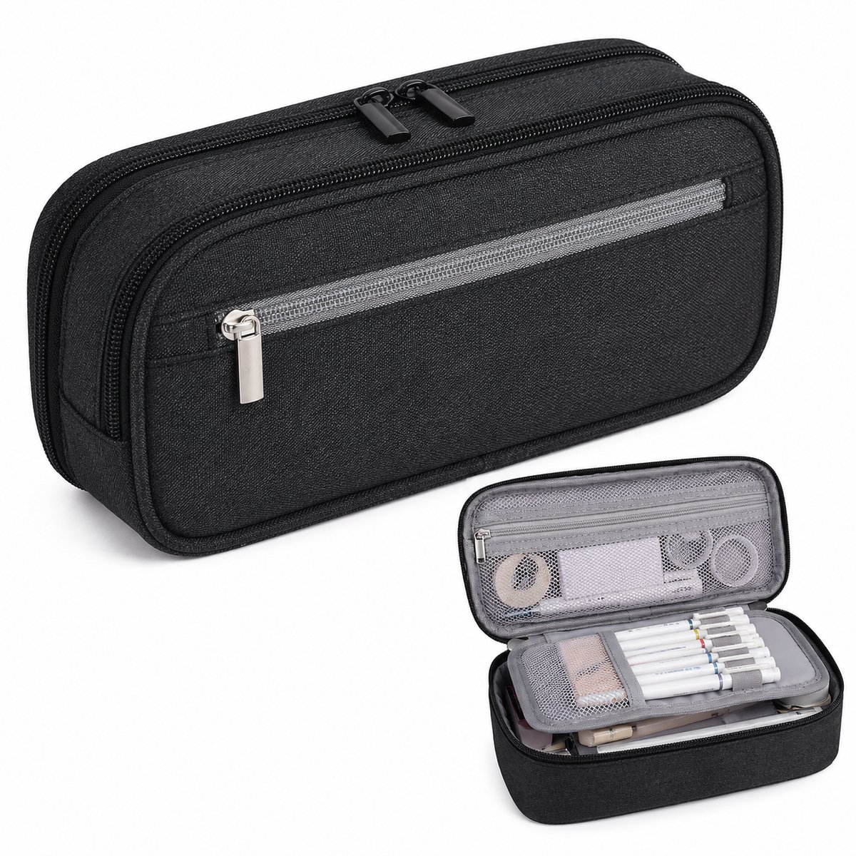 VHV - Etui 5 Vakken - Grote Capaciteit Pencil Case - 24x11.5x7 cm - Pennenetui - Grote Opbergruimte Voor School Examen, Kantoor - Zwart