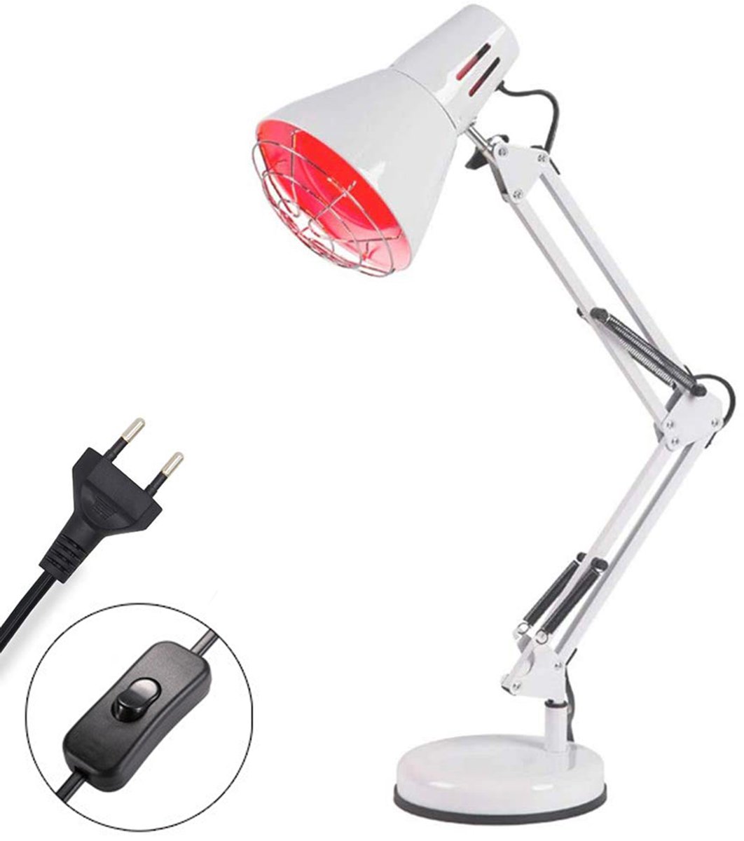 Infrarood warmtelamp - Roodlichttherapie - Draagbare roodlichtlamp - Thuiszorg - Geschikt voor gewrichten, spieren en huid - Inclusief lamp - Met clip - 150W - Metalen tafelmodel - Wit