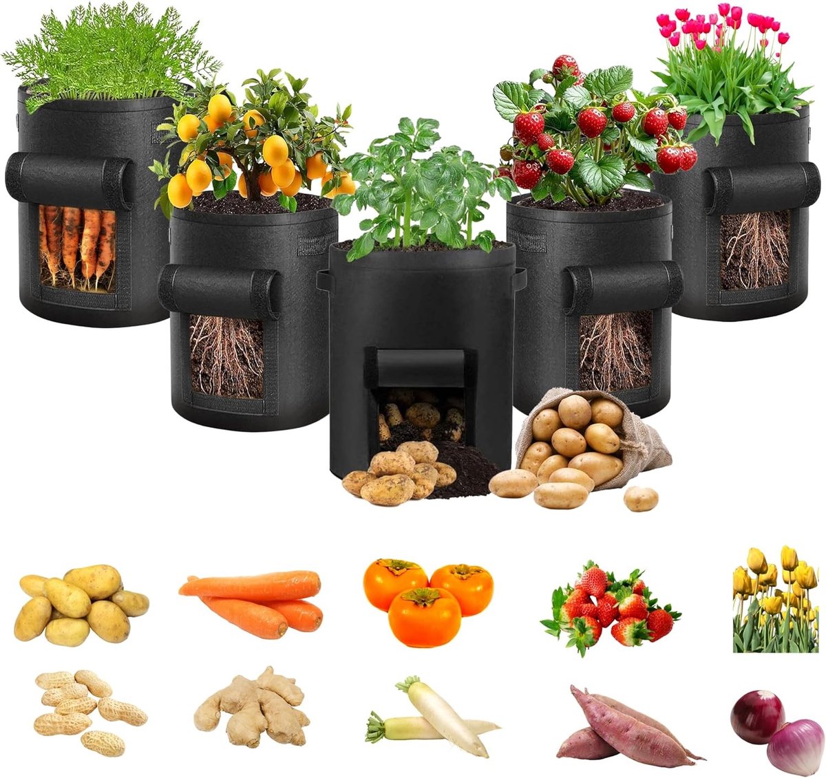 Set van 5 Groentetassen van 38 Liter voor Aardappelen, Tomaten en Wortelen - Ideale Planttassen voor Groentetuin en Balkon