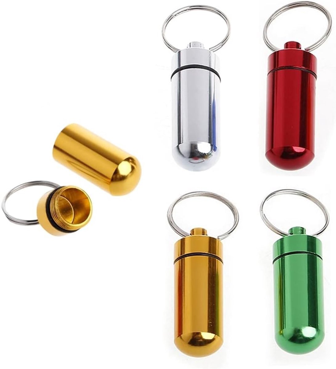 Mini Pill Box Sleutelhanger in Rood, Groen, Goud en Wit - Capsule Opbergdoos voor Reizen - Gezondheid en Lichaamsverzorging - 5 x 1.5 cm