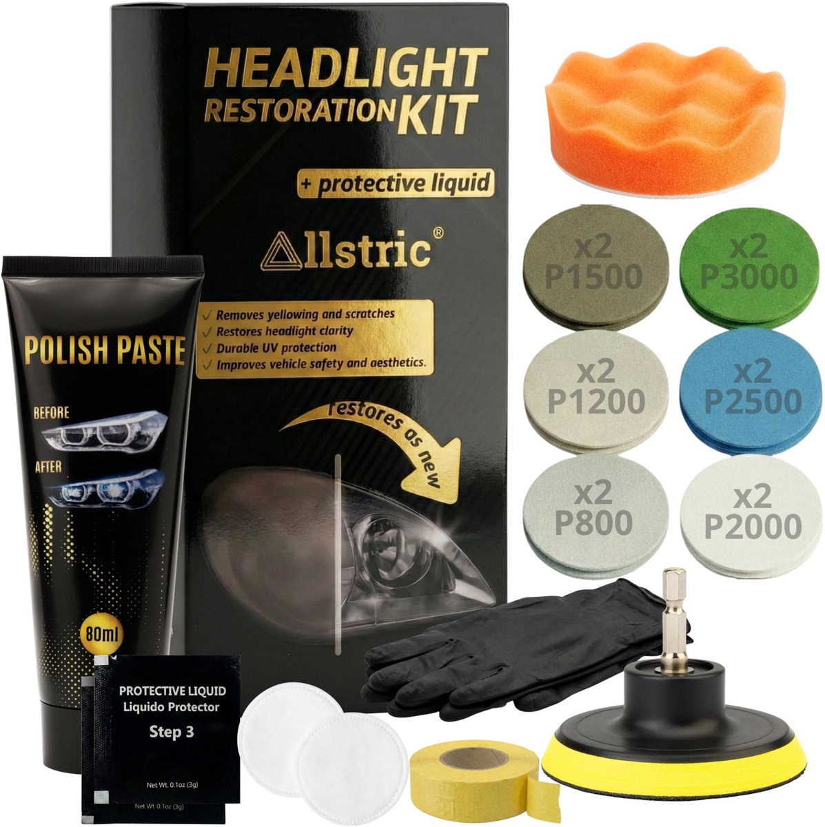 Allstric® Koplamp Polijstset met Polijstpads en Polijstmiddel - ShopVlot