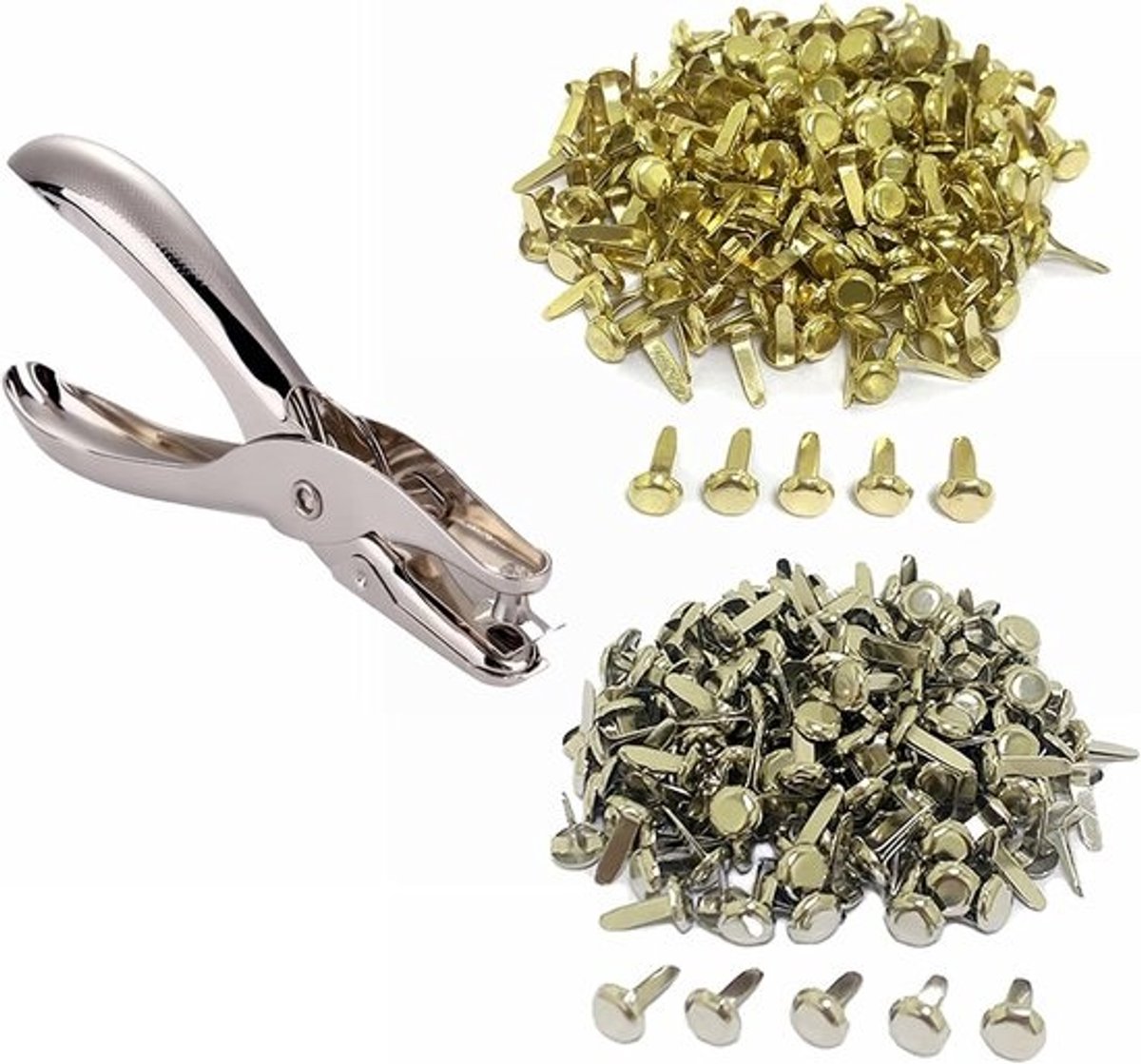 Perforator met Brads - Enkel Gat Pons - Papier Knutselen - Opvangbakje Afval - 6mm Perforatie - Zilver Goud