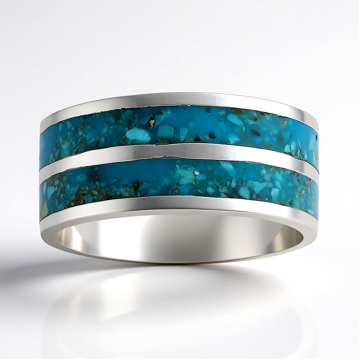 Cavill - 925 Sterling Zilver Geoxideerd - Blauwe Kingman Mohave Turkoois 3,24 ct - Brede Mozaïek Ring - Handgemaakt Elegante Sieraad