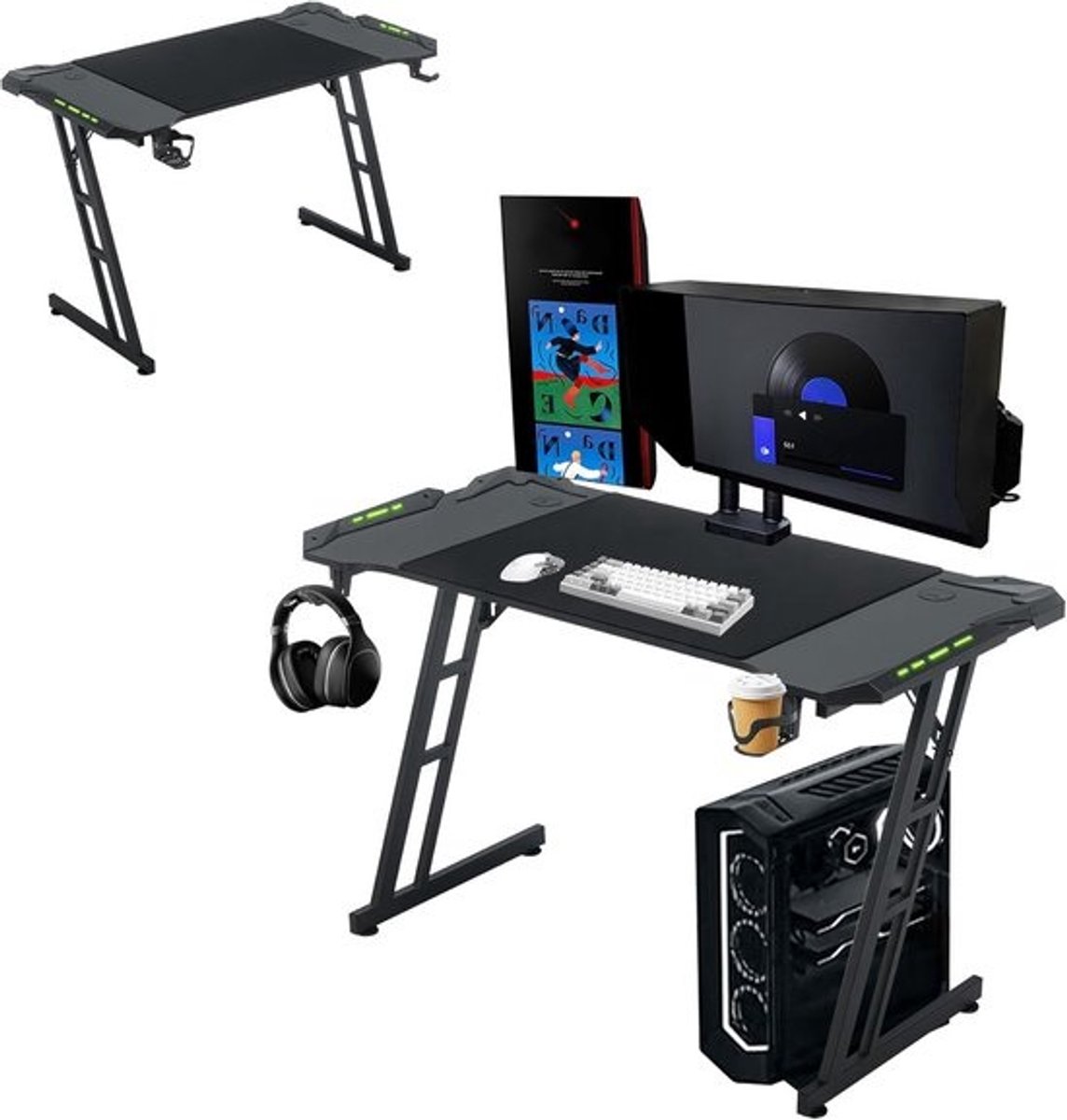 Ergonomisch Z-vormig Gamingbureau met Koolstofvezelblad en LED 140x60cm