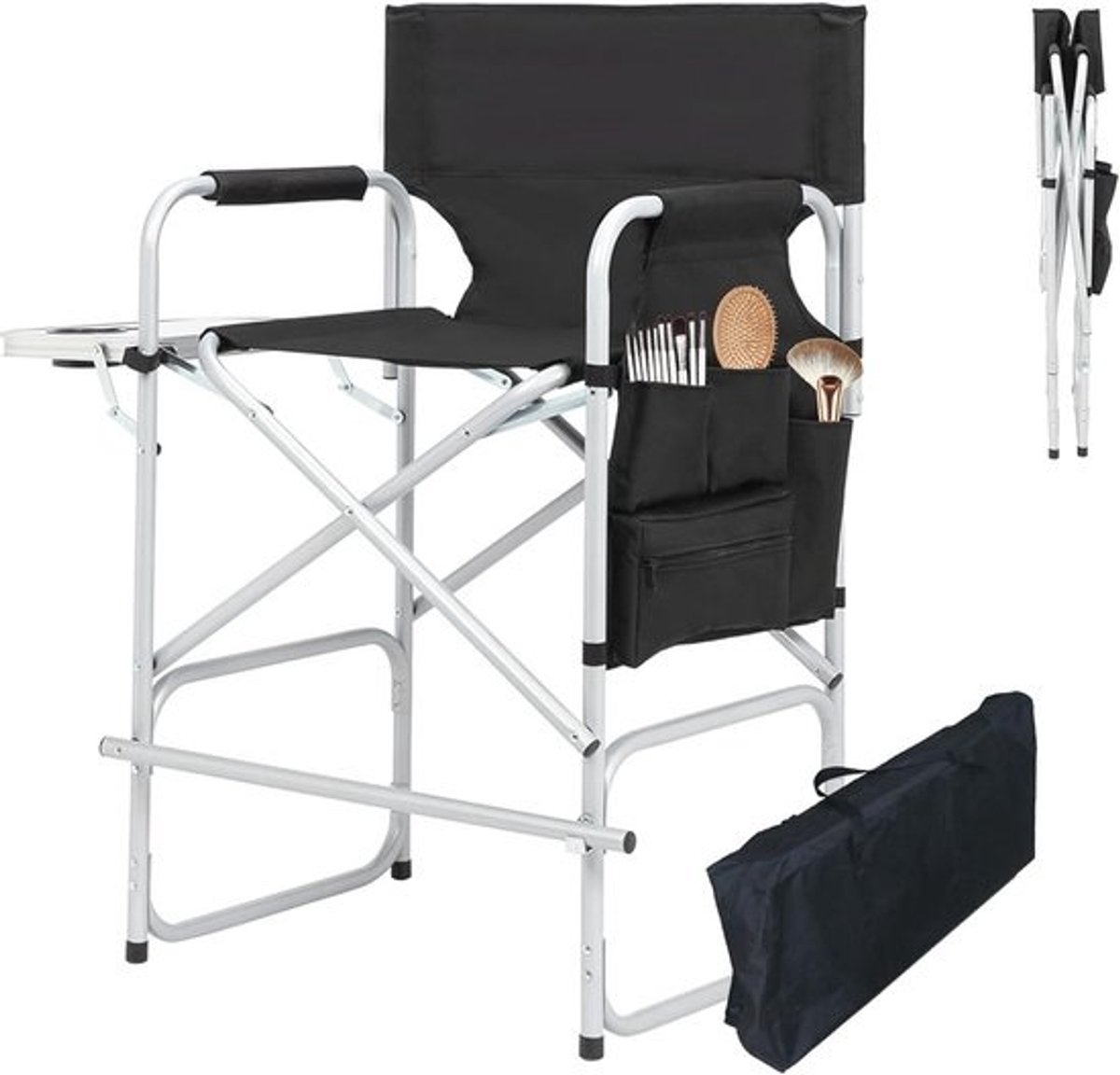 Opvouwbare make-upstoel met bijzettafel en bekerhouder - 100 cm, zwart