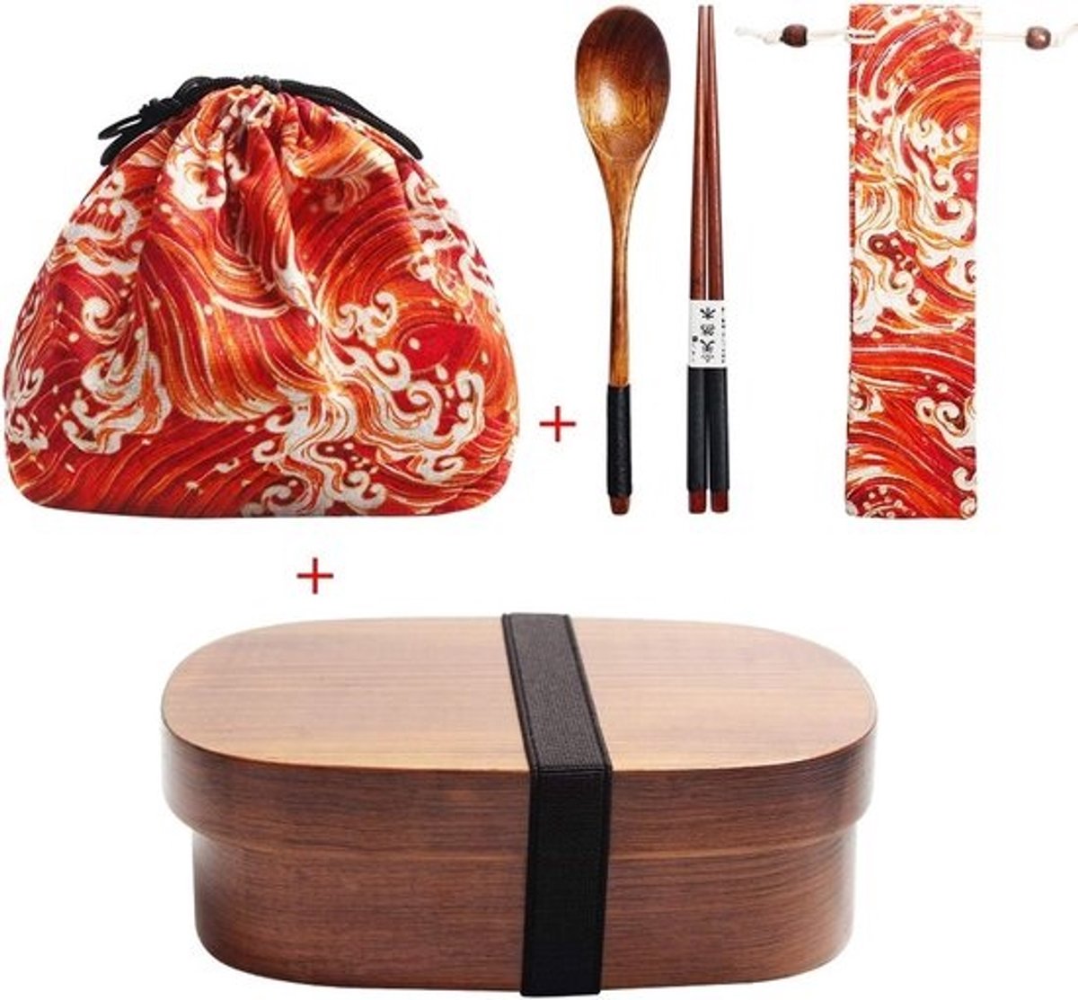Houten Bento Box Lunchtrommel Set met Bestek en Tas - Ideaal voor Lunch, Picknick en Japanse Maaltijden