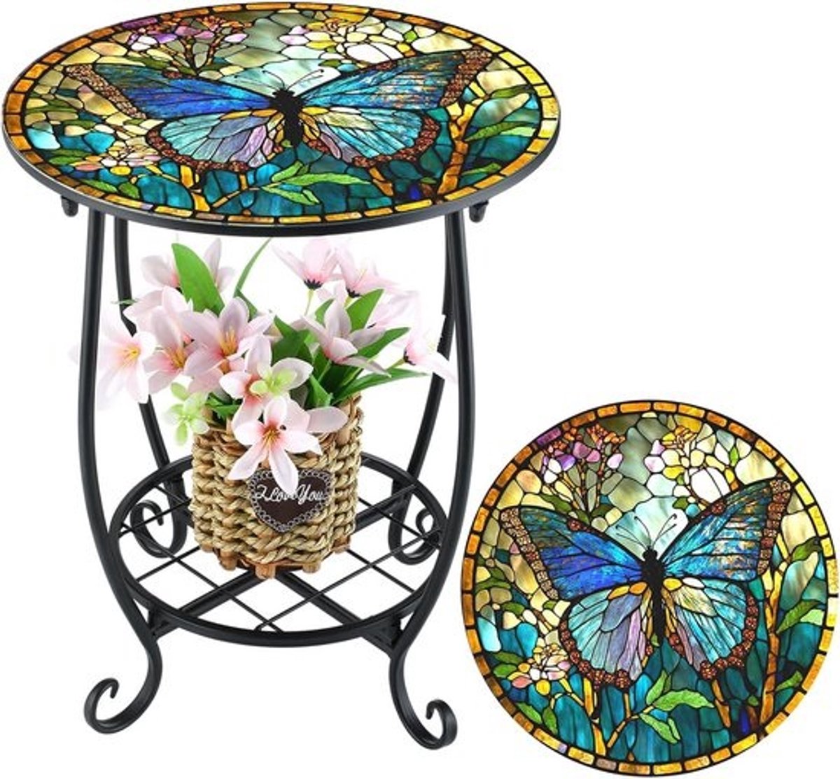 Ronde Bijzettafel Buiten - 35cm Metalen Terrastafel met Dubbele Laag