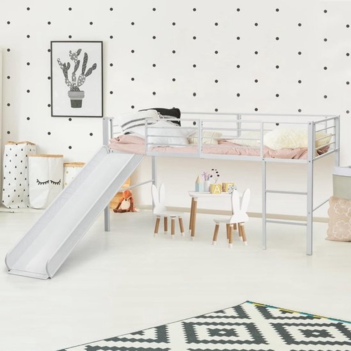 Kinderhoogslaper met Glijbaan en Trap - Veilig IJzeren Frame voor Kinderkamer