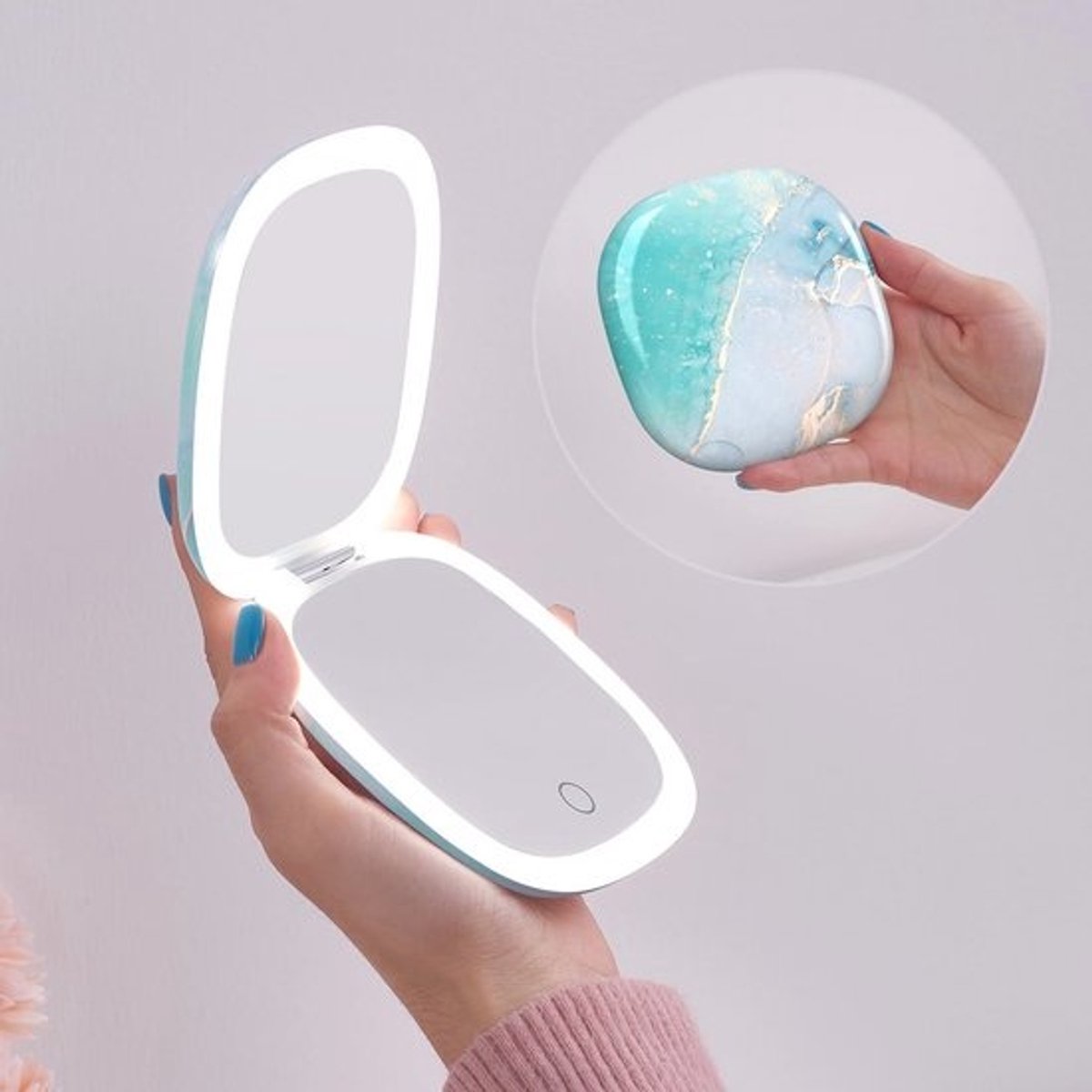 Compacte LED-make-upspiegel voor op reis - Dimbare dubbele zijden met USB-oplaadbaar ontwerp