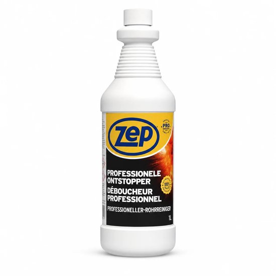 Fles Zep professionele ontstopper met vlammen-design op het etiket. 1L.