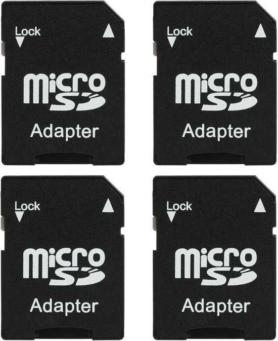 Vier zwarte micro SD-adapters met witte tekst: 'micro SD Adapter' en een 'Lock'-schuifje.