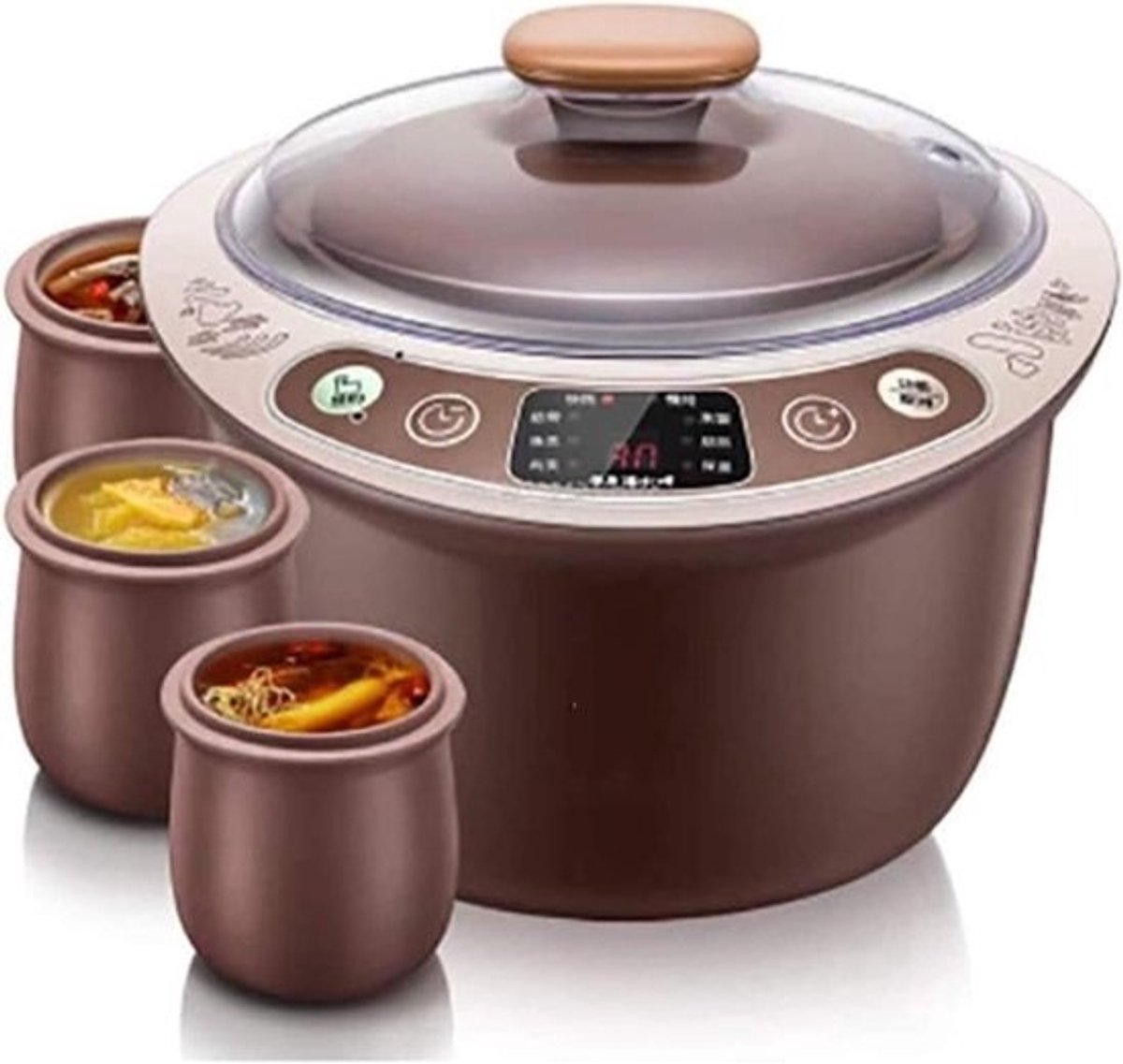 Elektrische Slowcooker - Stoofpan Timer - Gezinsmaaltijden Bereiden - Vier Keramische Binnenpotten - 2.5 Liter - Bruin