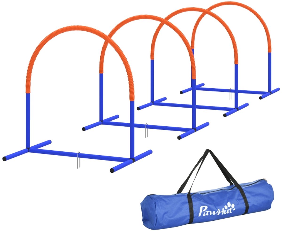Hondentrainingsset 88x64x95 cm Blauw en oranje Kunststof Met 4 bogen Vrij op te stellen Inclusief opbergtas Licht en draagbaar Makkelijk schoon te maken Geschikt voor tuin binnen en buiten