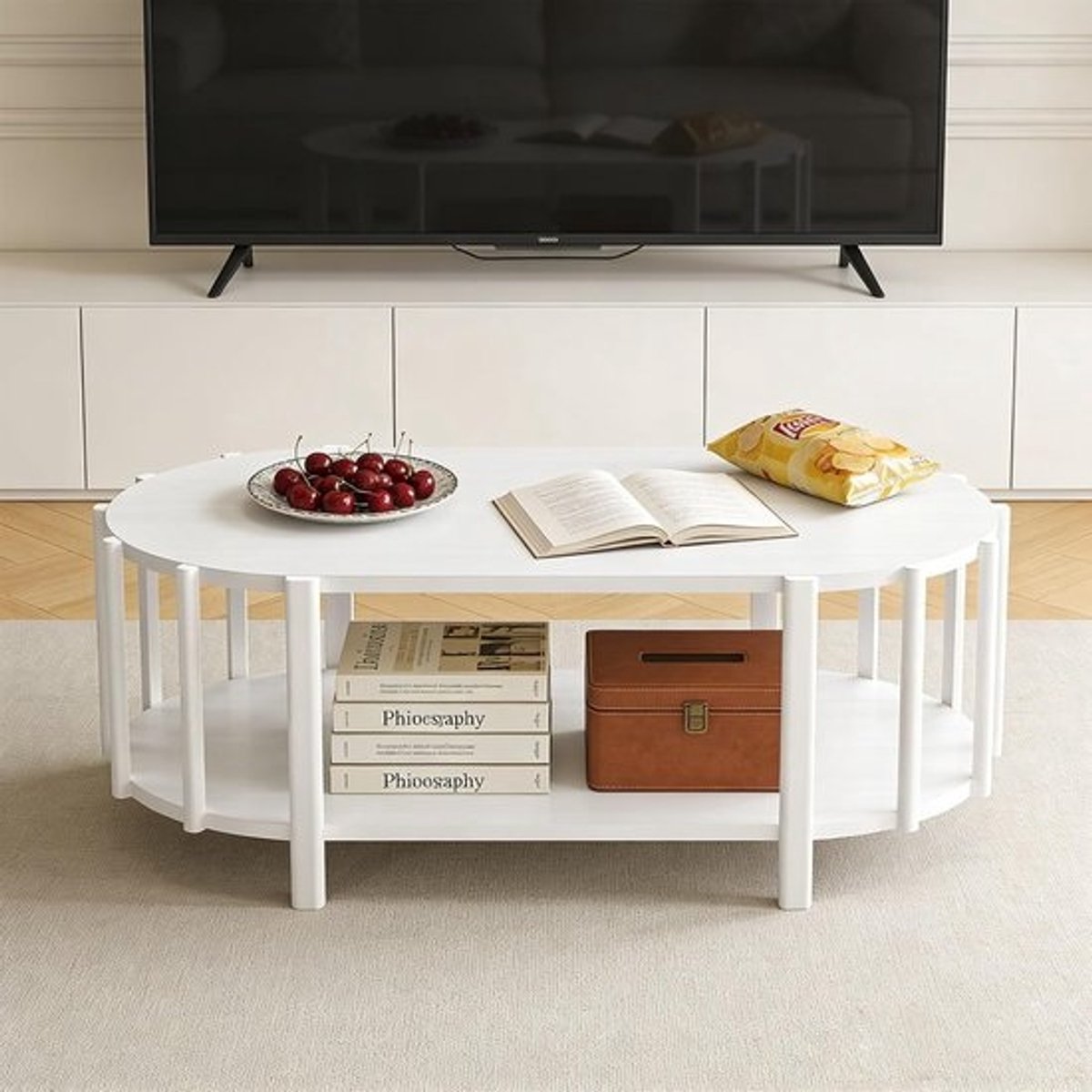 Ovale salontafel - Middentafel modern - Woonkamer organiseren - Met opbergruimte - 119 cm lang - Wit