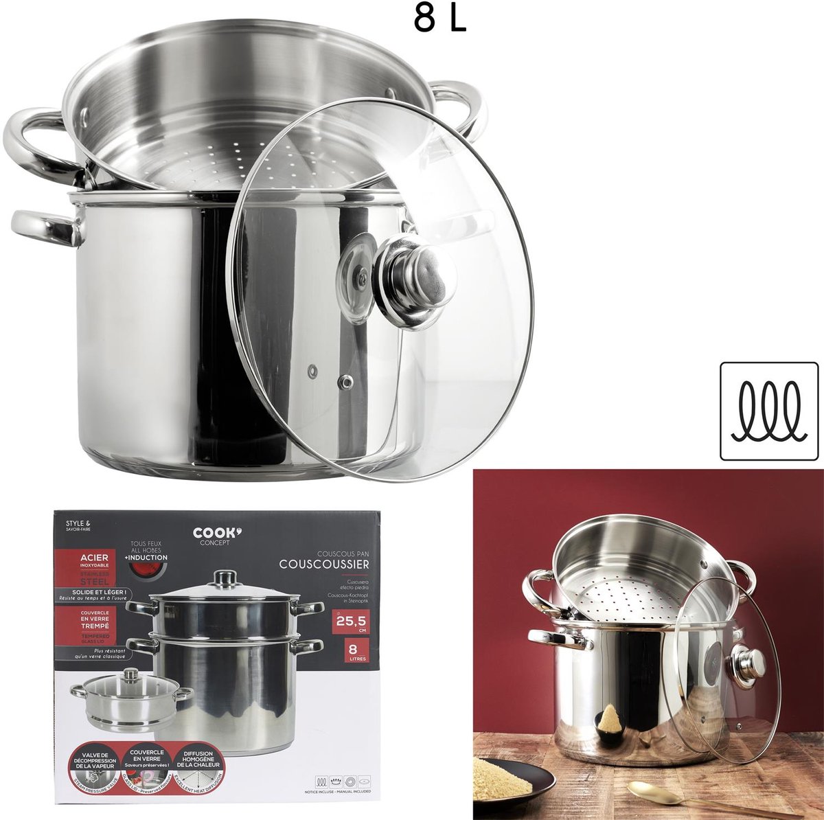 Couscouspan 8 Liter – RVS Couscoussière 2-laags met Stoominzet & Glazen Deksel – Geschikt voor Inductie – Stoompan voor Couscous, Groenten & Gerechten – Zilver