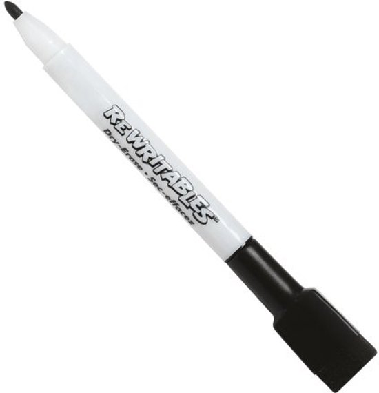 Marqueur blanc pour tableau blanc avec capuchon noir et le texte 'ReWritables Dry-Erase Sec-efface'.