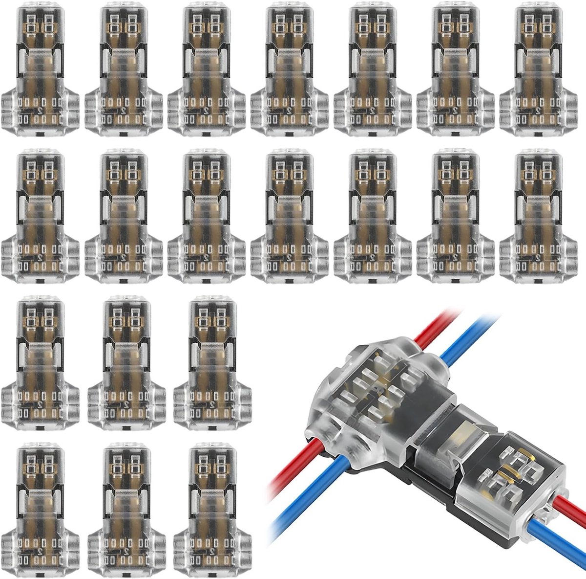 20 stuks T-connectoren voor lage spanning, waterdichte T-vertakkingsconnectoren voor 12V/24V, snelle aansluitingen voor auto, motor en LED-verlichting, geschikt voor 20-22 AWG kabels