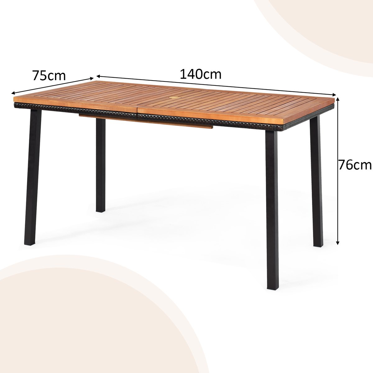 SureDeal® - Kamper - Tuintafel Eettafel - Parasolgat Houten Tafel - 140x75x76 cm - Naturel