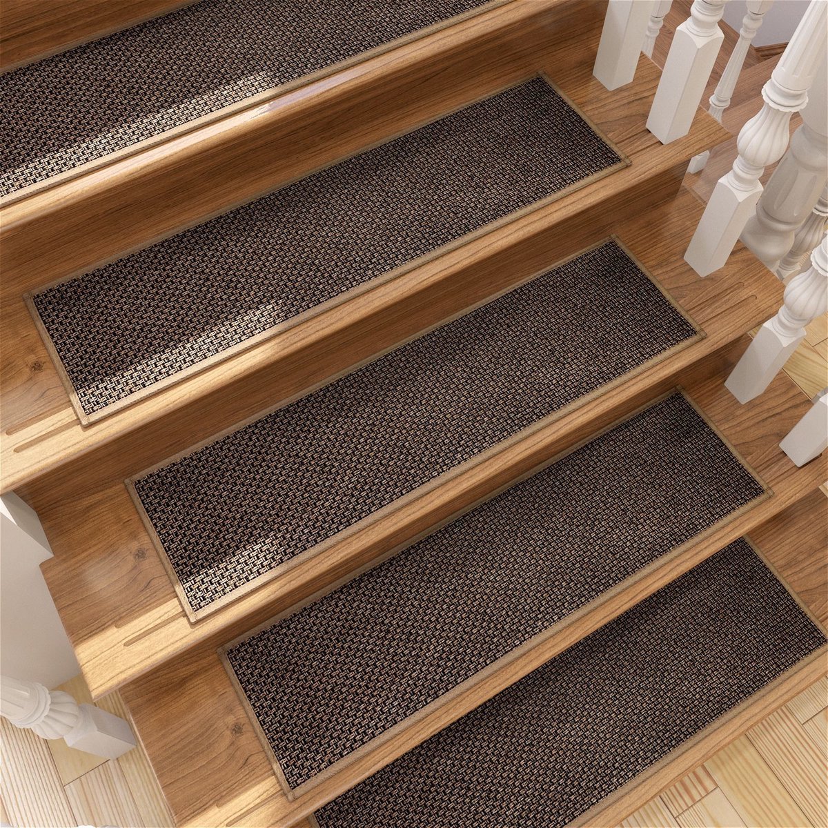 Traptreden matten set - Donkerbruin geweven patroon - 20*75 cm - 4 stuks - Antislip - Duurzaam voor houten binnentrappen thuis
