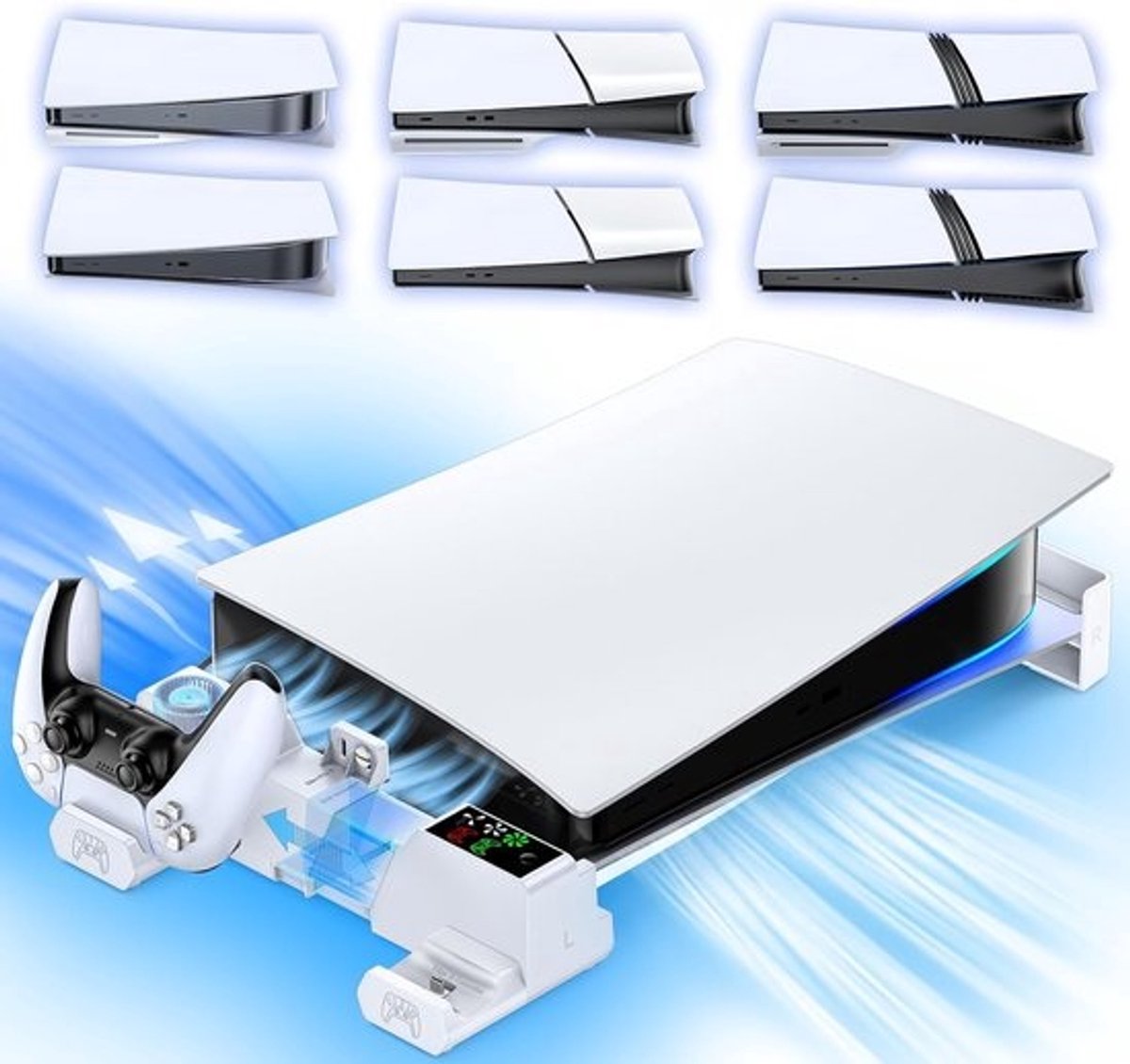 Horizontale standaard met koelventilator en oplader voor PS5-accessoires