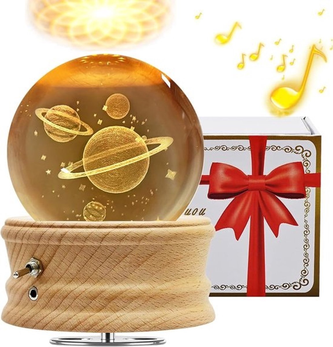 Muziekdoos Kristallen Bol - Draaiende Decoratie - Sfeerverlichting Creëren - 360° Lichtprojectie - Diameter 12cm Sokkel - Warm Wit Licht