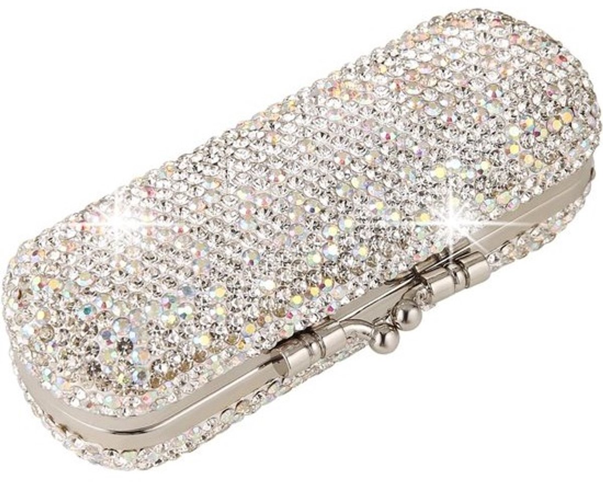 Glanzende Rhinestone Draagbare Lippenstift Case met Spiegel - Bling Diamanten Make-up Organizer voor Dames - Zilver