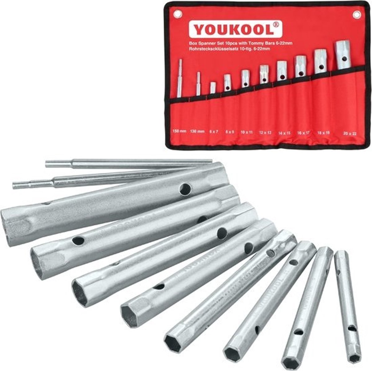 10-delige loodgietersleutel set - dubbele steeksleutel voor douchekleppen en bougies, 6-22 mm maten