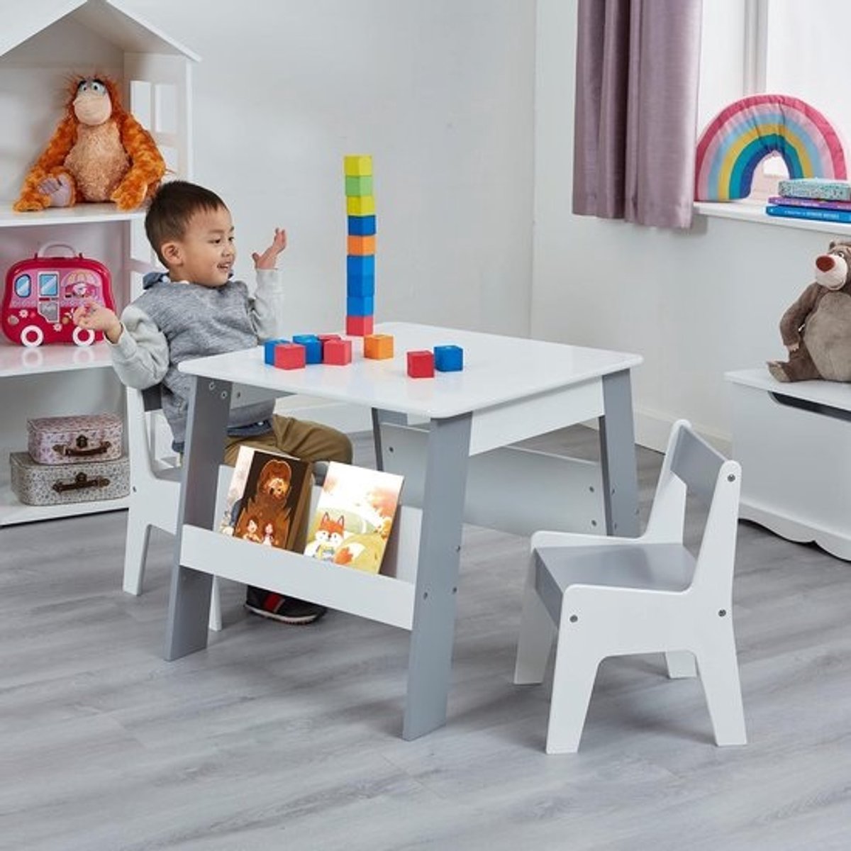 Houten Kinder Tafel en Stoel Set met Opbergruimte - Multipurpose Speeltafel en Leesstoel