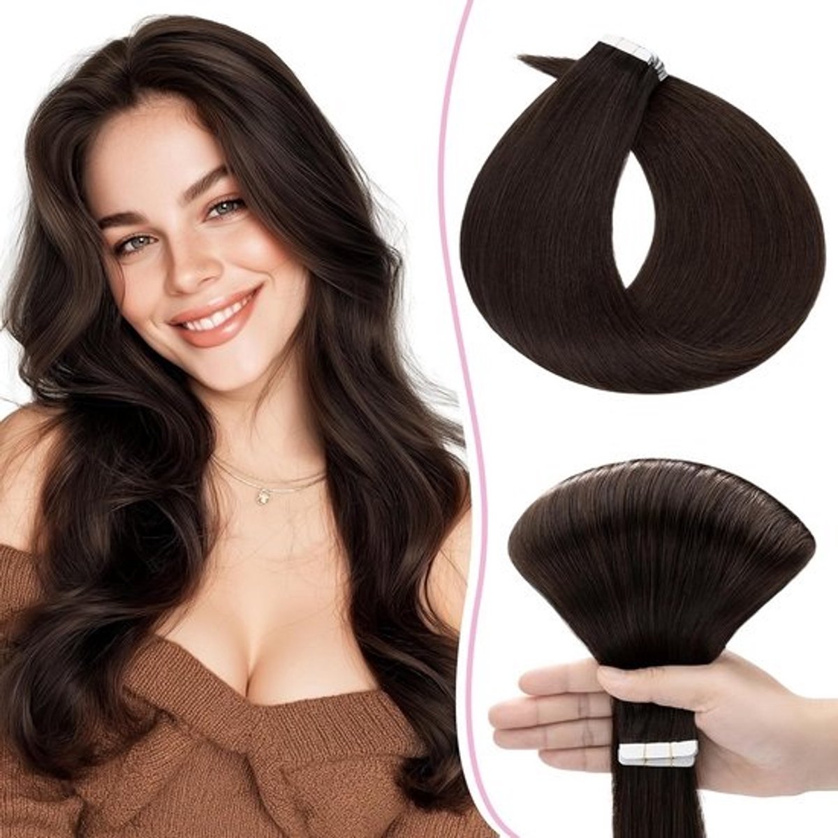 Echte Tape-in Haarverlenging Donkerbruin - 10 Stuks Onzichtbare Skin Weft Extensions