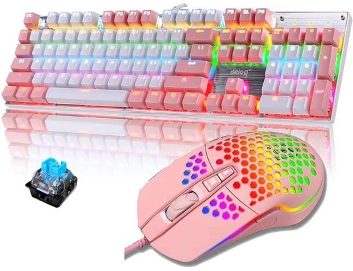 Mechanisch Gaming Toetsenbord en Muis Set met Blauwe Switches, Rainbow Backlit en Grote Muismat - Roze