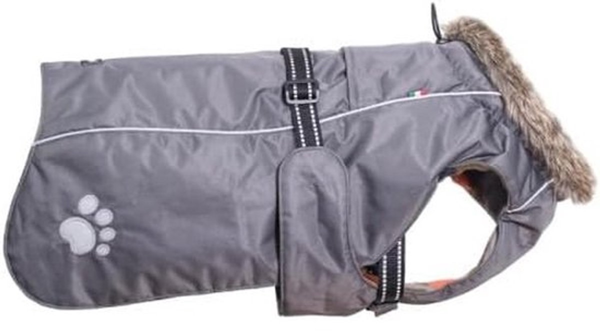 Warme Hondenjas met Harnas - Gevoerd met Fleece en Bontkraag - Reflecterend - Verstelbaar - Maat L - Grijs