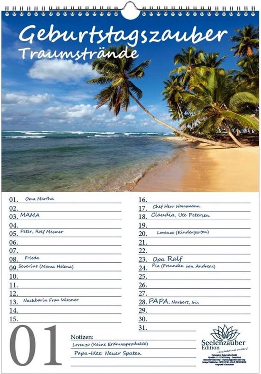 Eeuwigdurende Verjaardagskalender A3 - Strand Thema Wandkalender met Veel Schrijfruimte
