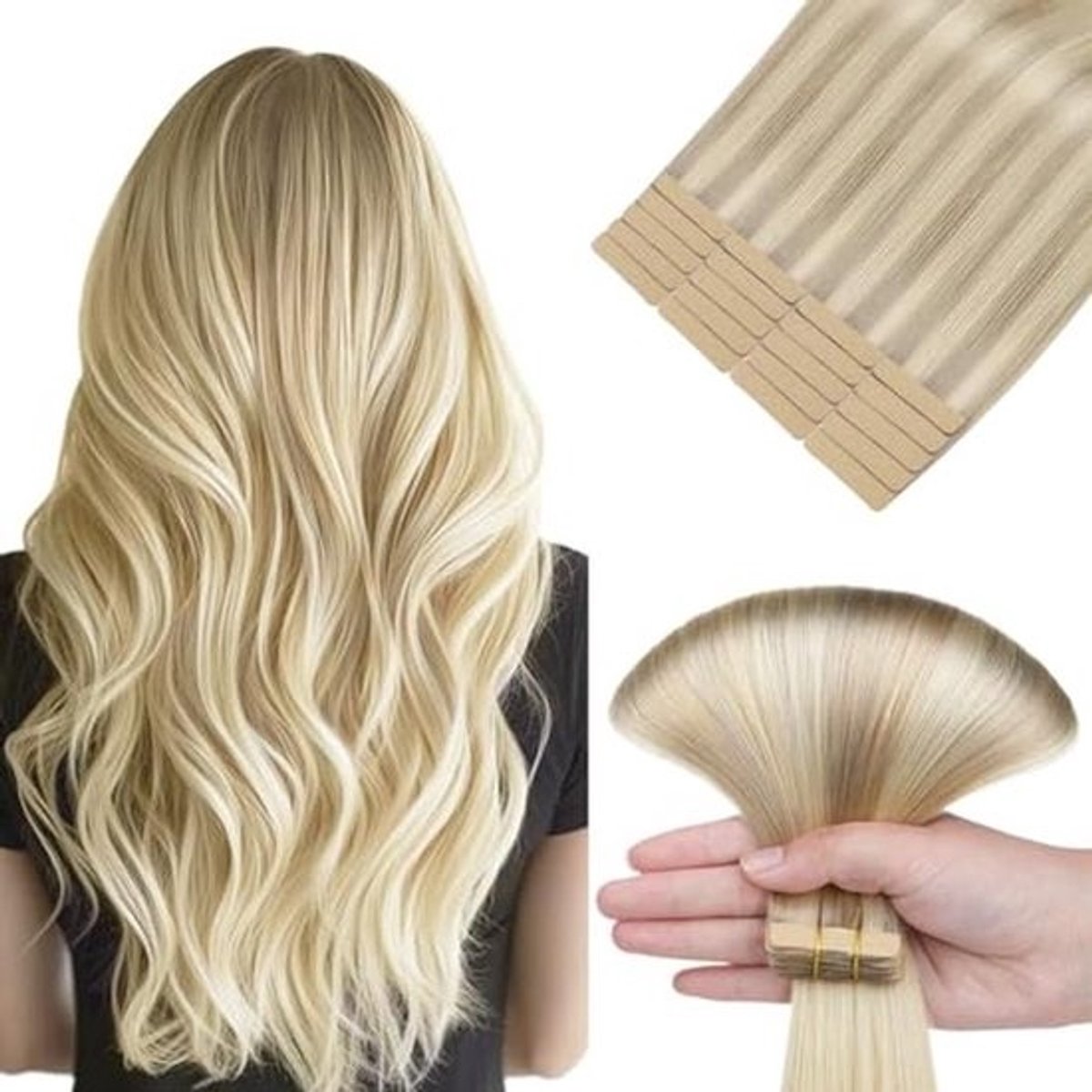 Tape in Haar Extensions 50cm - 20 Stuks Asblond tot Goudblond en Platina Blond - Echte Menselijke Haar Extensions - Steil Remy Haar