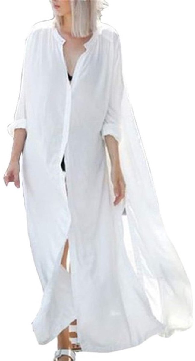 Witte Lange Zomerjurk Dames Maxi Strandjurk Katoen met Bloemenborduursel