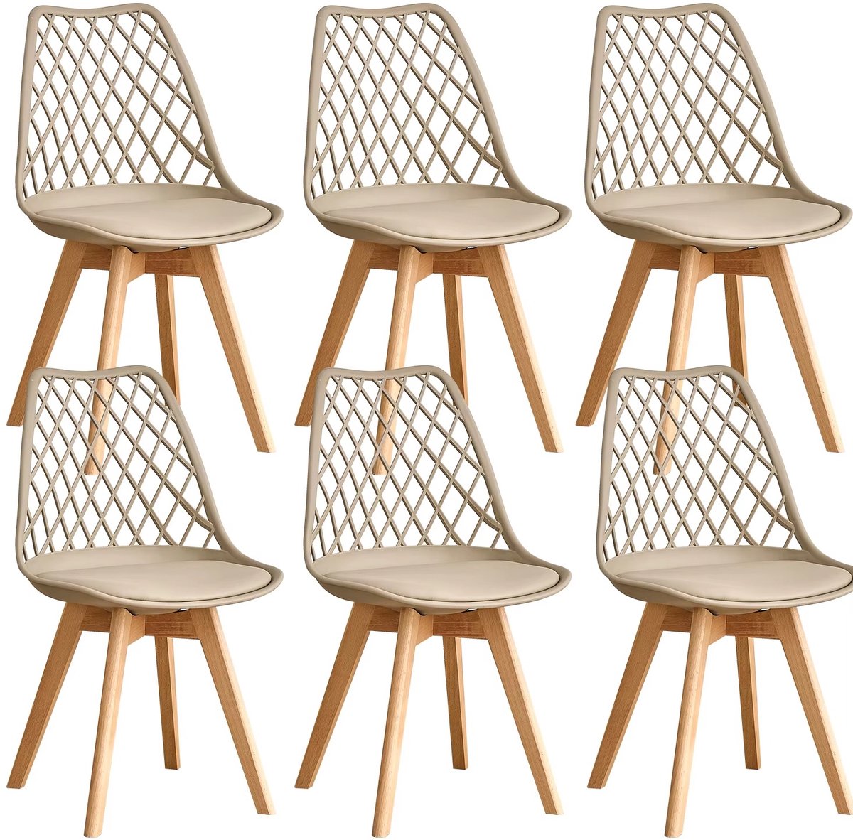 Whoopr® Set van 6 Eetkamerstoelen – Moderne Gestoffeerde Stoelen met Mesh Rugleuning & Massief Houten Poten – Comfortabele Keukenstoelen voor Eetkamer, Woonkamer & Café beige/khaki