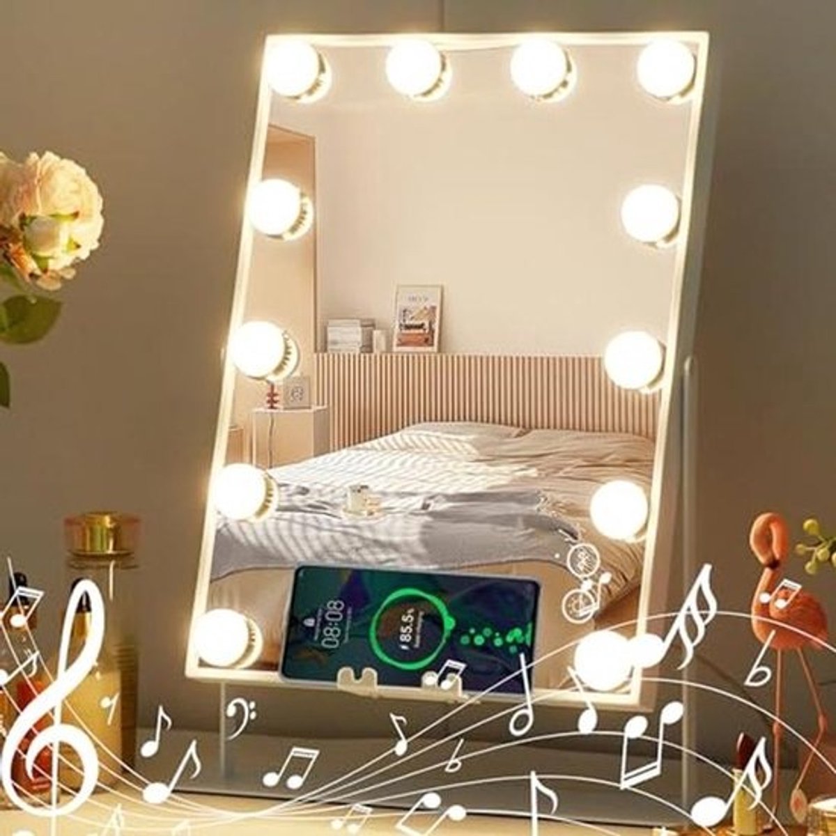 Hollywood Make-up Spiegel met Verlichting en Bluetooth - Draadloos Opladen, 3 Kleurmodi, 10x Vergroting, 360° Rotatie
