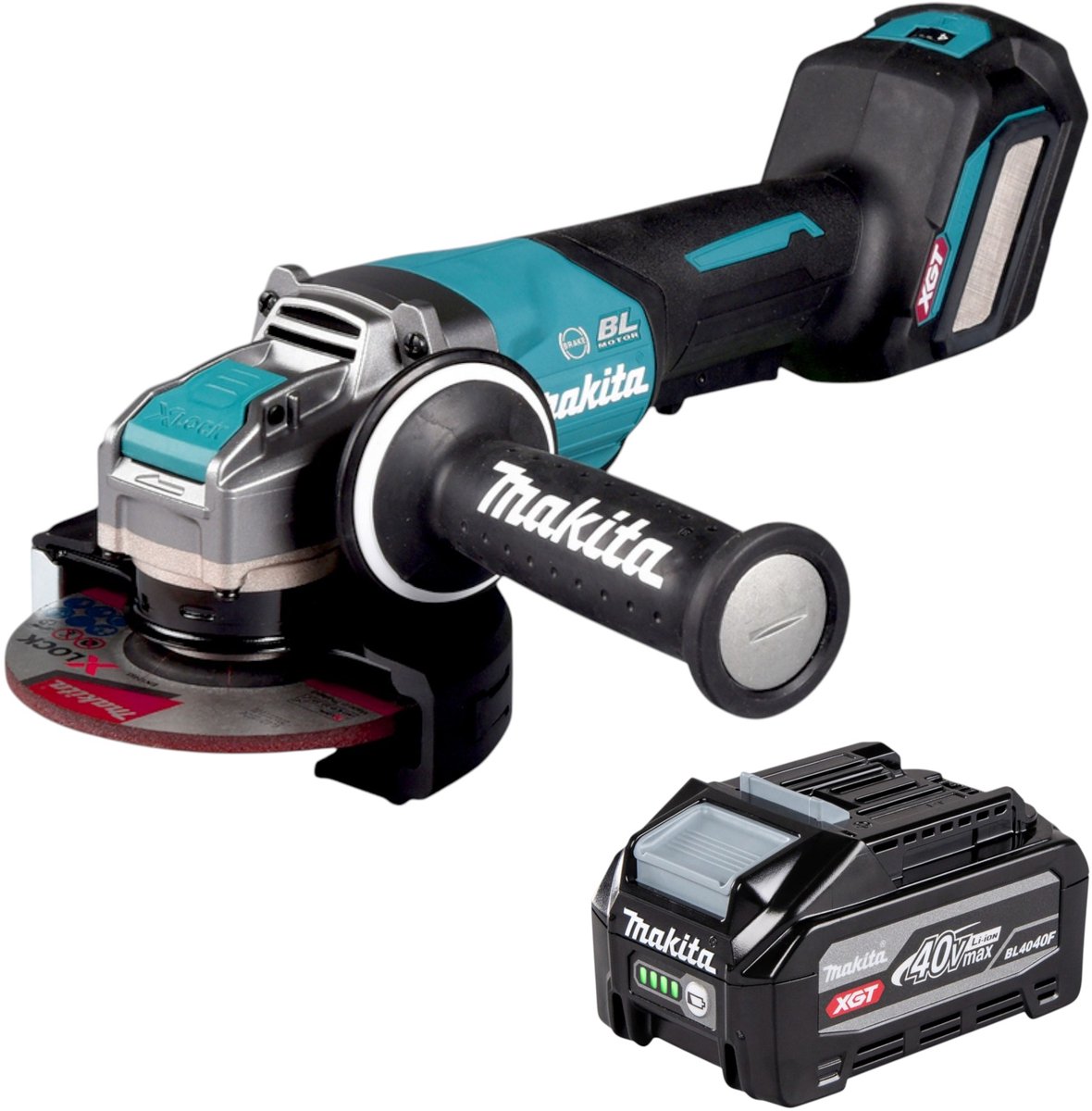 Makita GA 044 GU1 accu-haakse slijper 40 V max. 125 mm X-LOCK Brushless + 1x accu 4,0 Ah - zonder oplader