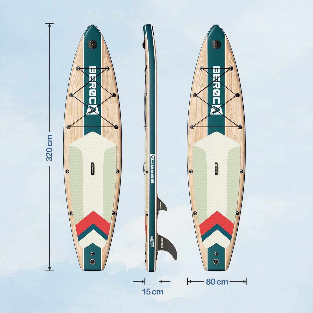 BEROCA SUP Board - met Zitje - Sup Board Opblaasbaar - Complete Set - 320x81cm - Max. 160 kg -Groen houtnerf – foto 4