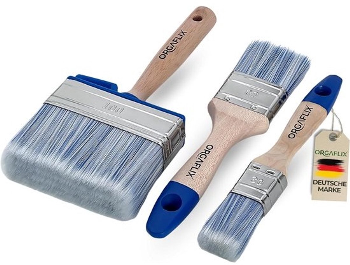 Vlakstreek Set 100mm 50mm 30mm - Synthetische Borstelharen, Roestvrij Staal Klemmen, Ergonomische Handgreep voor Hout buiten en Meubelverf
