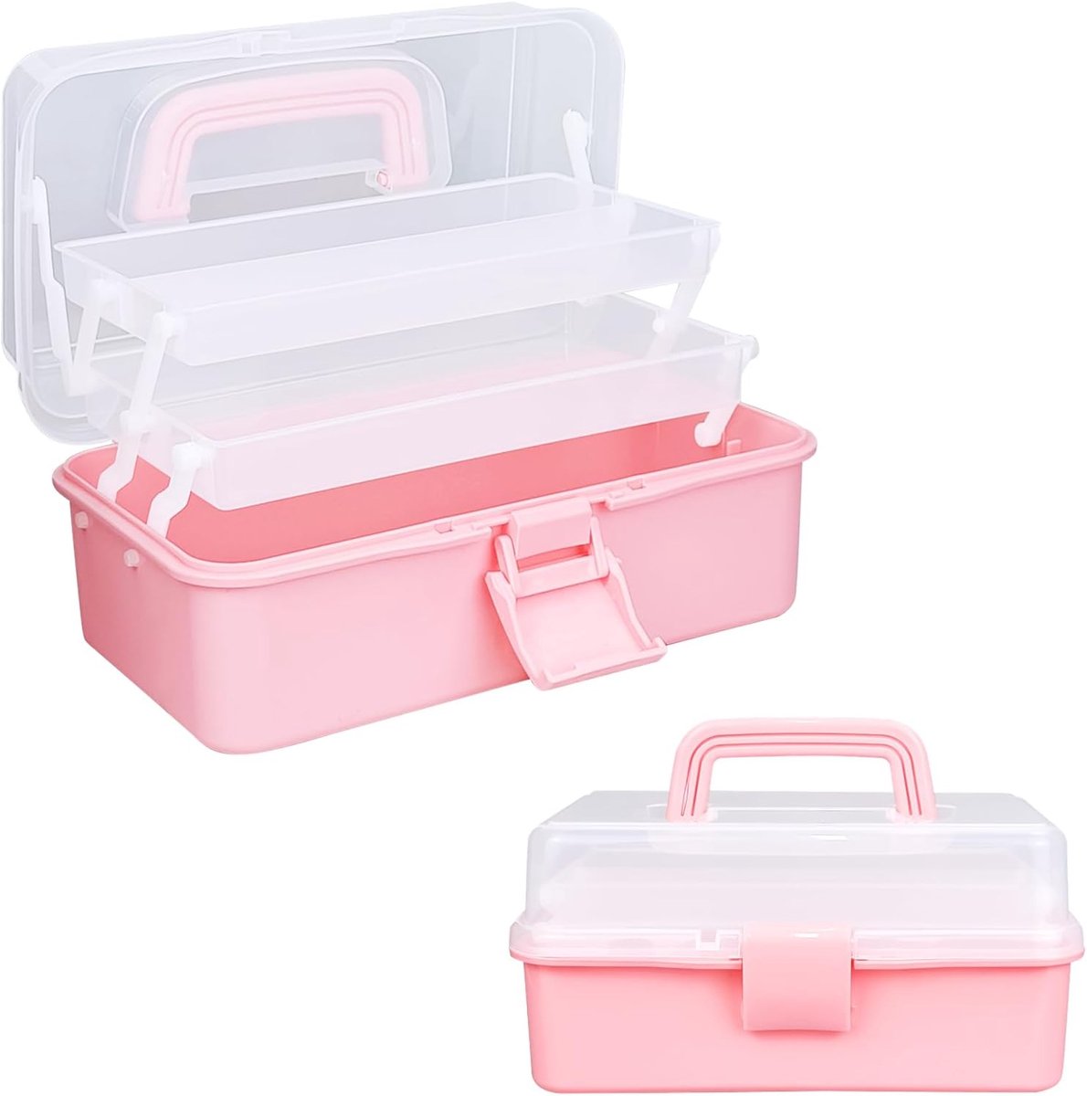 KZQ 3-laagse opbergbox 26 cm met 2 bakjes - Organizer voor naai- en handwerkbenodigdheden - Geschikt voor kleine onderdelen en accessoires - Roze