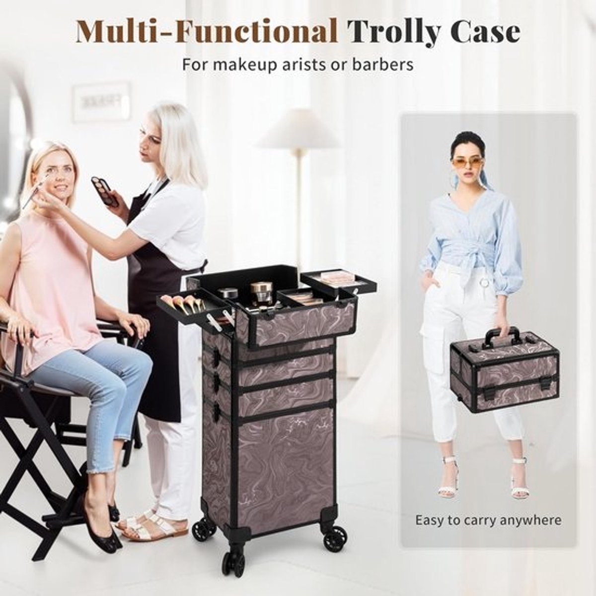 Verrijdbare Make-up Koffer Trolley 5-in-1 Cosmetica Organizer Reistas met Slot voor Stylist en Nagelartiest