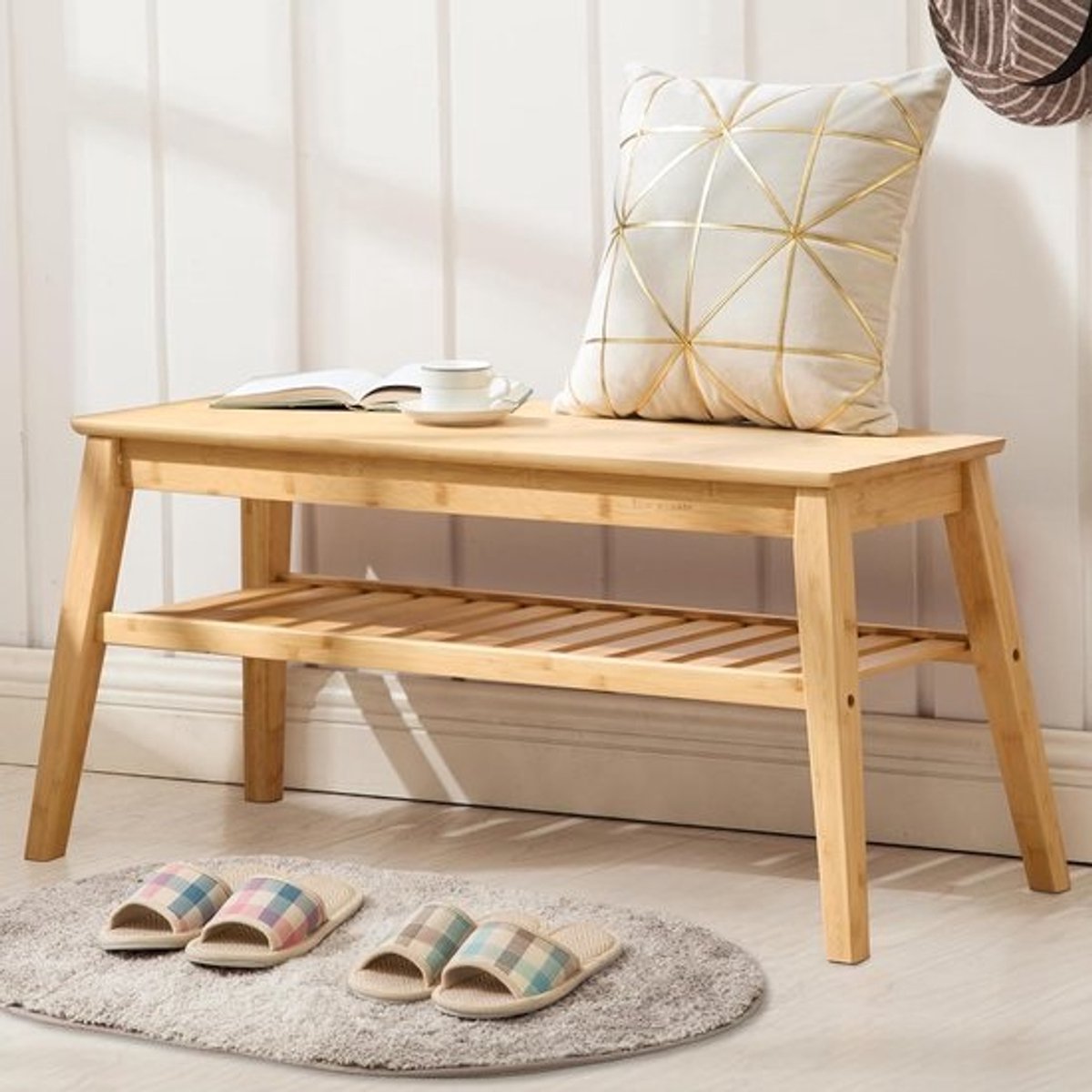 Bamboe Bank - Opbergbank Entree - Zitplaats Creëren - Stabiele Bamboe Structuur - 85 cm - Naturel