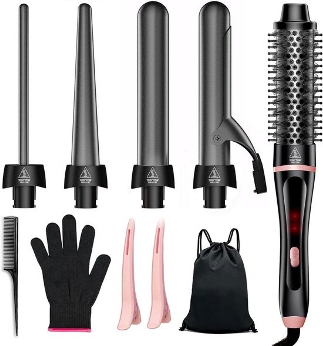 Krul- en Stijltang Set - Haarstyling Tool - Verschillende Looks - 5-in-1 Functionaliteit - Keramische Opzetstukken - Zwart