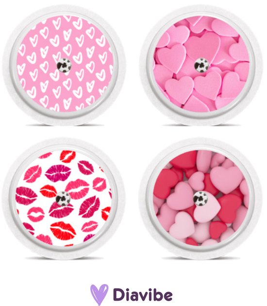 Vier sensor stickers: roze met witte hartjes, roze hartjes, rode en roze lippen, en roze en rode hartjes.