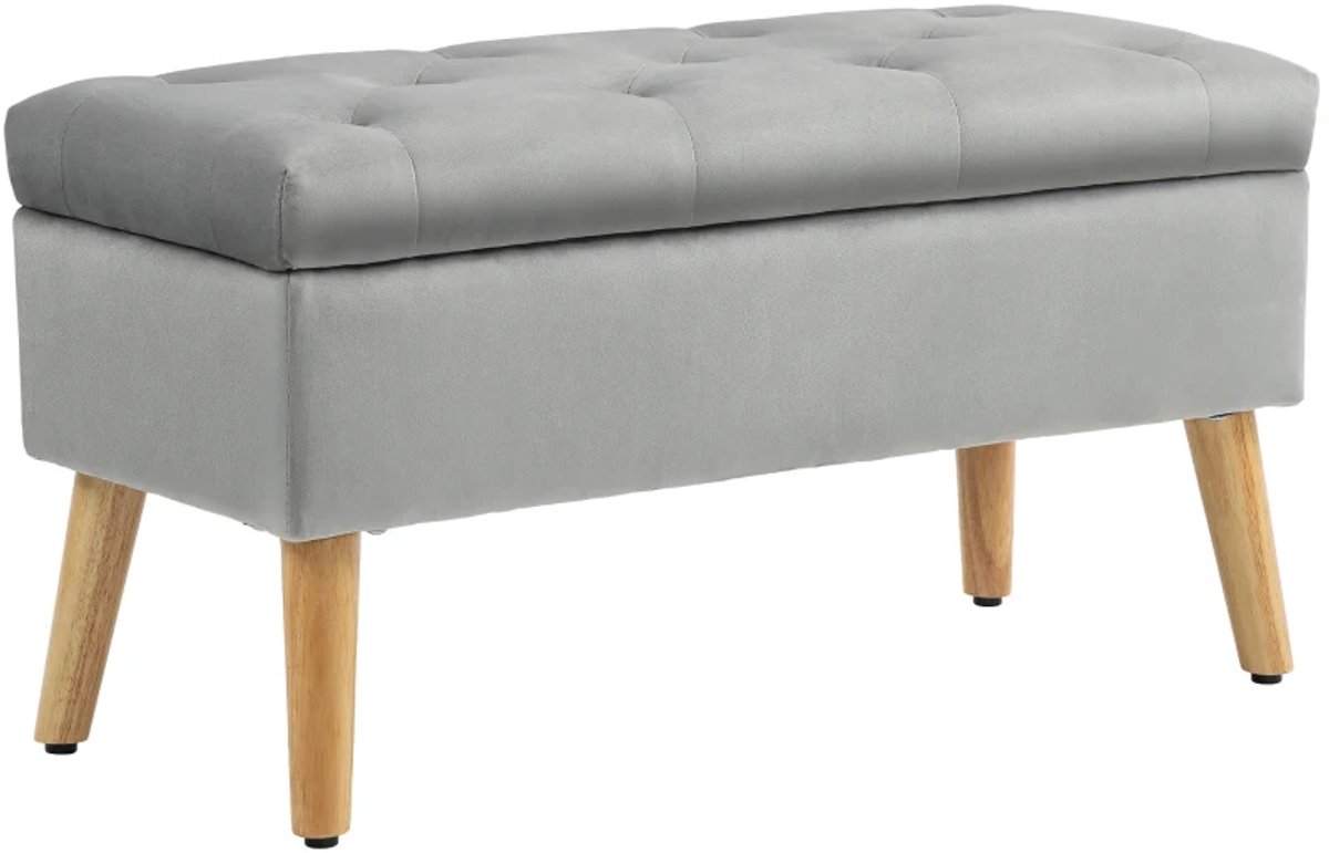Bankje - Gestoffeerde Bank Met Opbergruimte - Stoffen Bekleding Met Fluweellook - Houten Poten - Voor Woonkamer, Slaapkamer En Hal - 80 x 35 x 42 cm - Grijs
