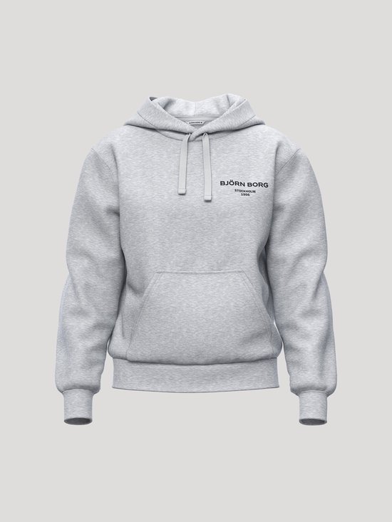 Lichtgrijze hoodie van Björn Borg, vooraanzicht. De hoodie heeft een capuchon, een kangoeroezak en het 'BJÖRN BORG STOCKHOLM 1950' logo.