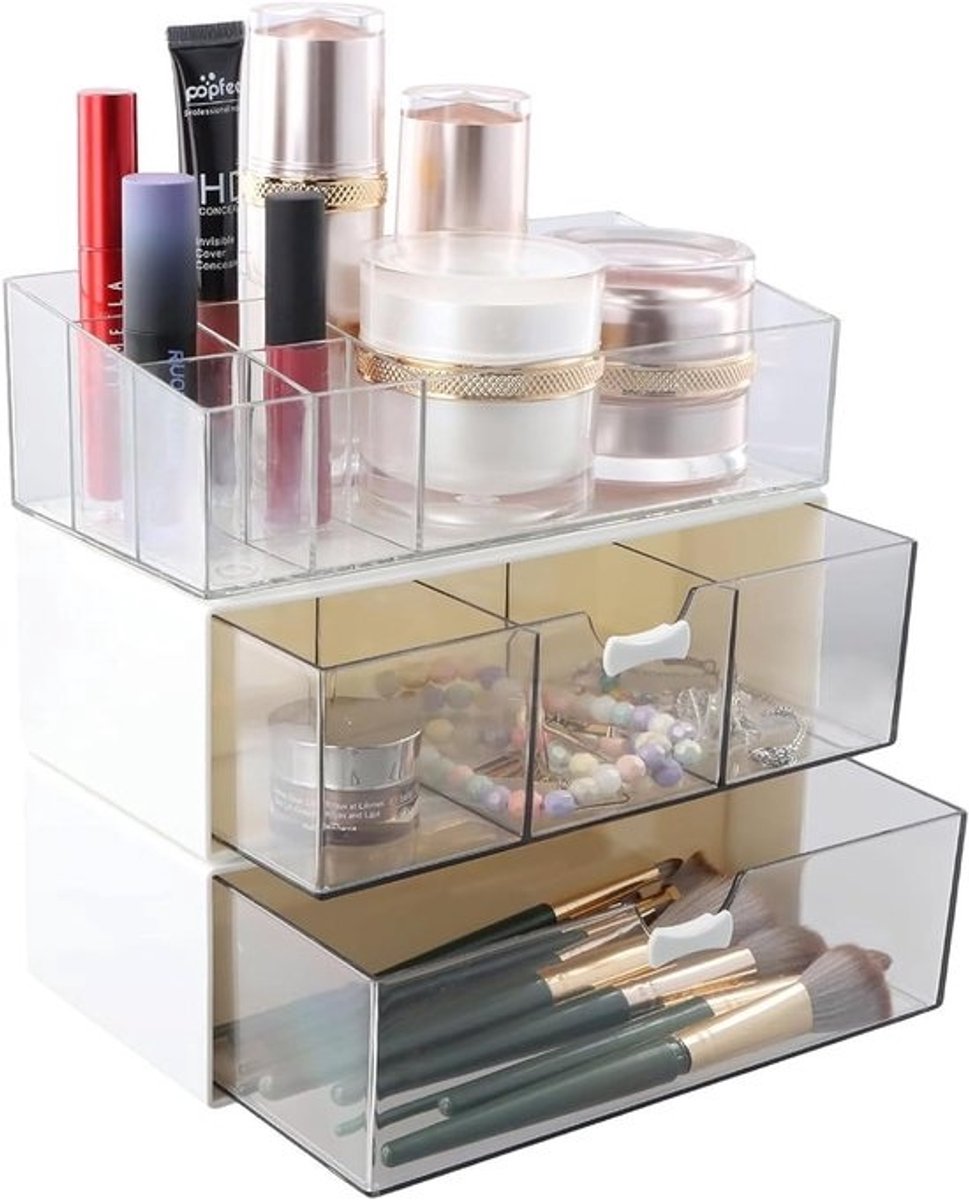 3 Pcs Makeup Organizer - Makeup Organizer met Lades voor Makeup Kwasten - Opslagdoos voor Aankleedtafel Badkamer Slaapkamer Transparant Modern