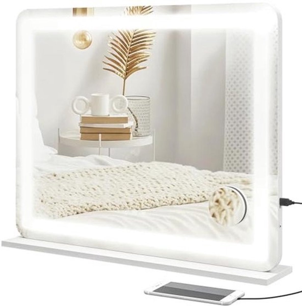 LED Make-up Spiegel met 3 Verlichtingsmodi en 10x Vergroting – USB Oplaadpoort – 80 x 62 cm