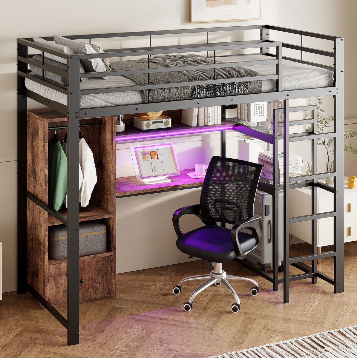 Wishdor Hoogslaper 90x200 cm - Met bureau en opbergruimte - Met lade trap en uitvalbeveiliging - Met LED-verlichting - Industrieel design - Metaal en MDF - Zwart